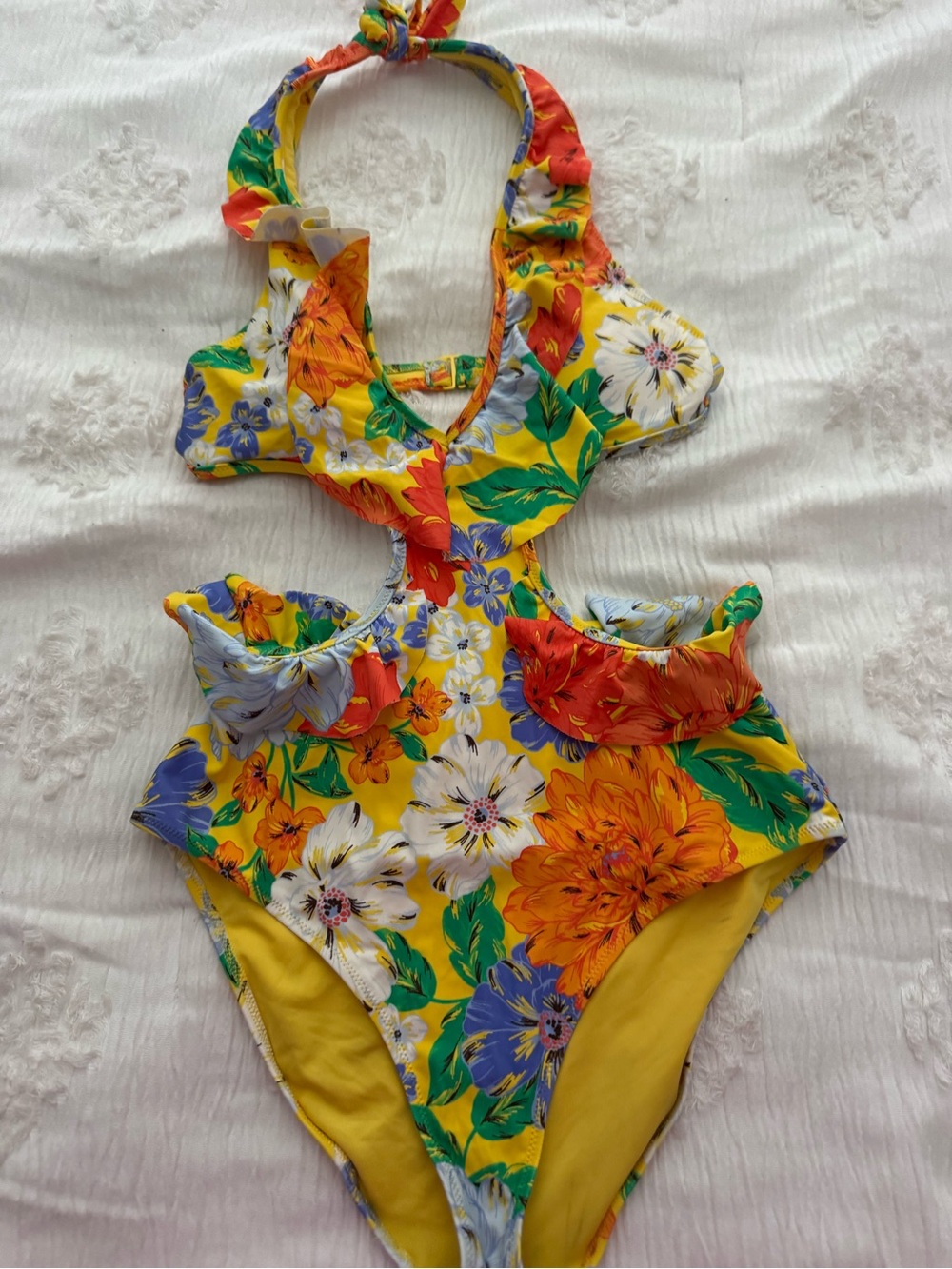 aerie Yellow Floral Cutout One-Piece Swimsuit with Ruffles